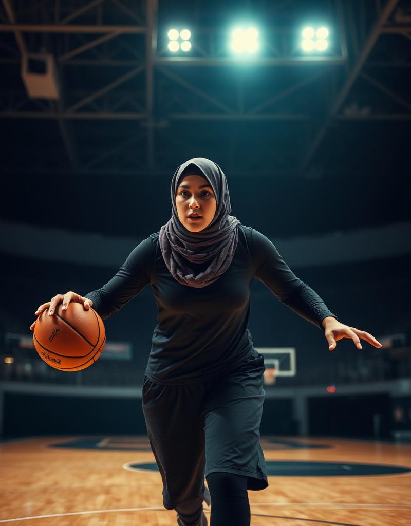 Muslim hooper mid-workout under stadium lights